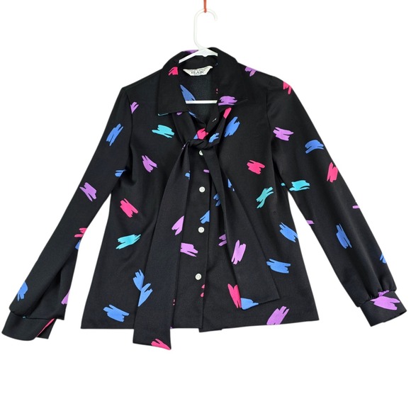 Blair Tops - Vintage Blair Blouse Women Medium Black Abstract Brushstroke Tie Neck‎ 80s 90s